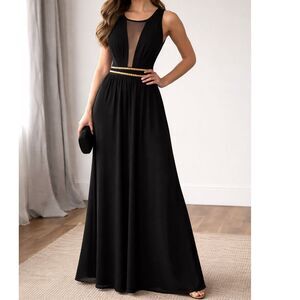 Charlotte Russe Black Maxi Dress Mesh Plunge Gold Stud Waist Formal S